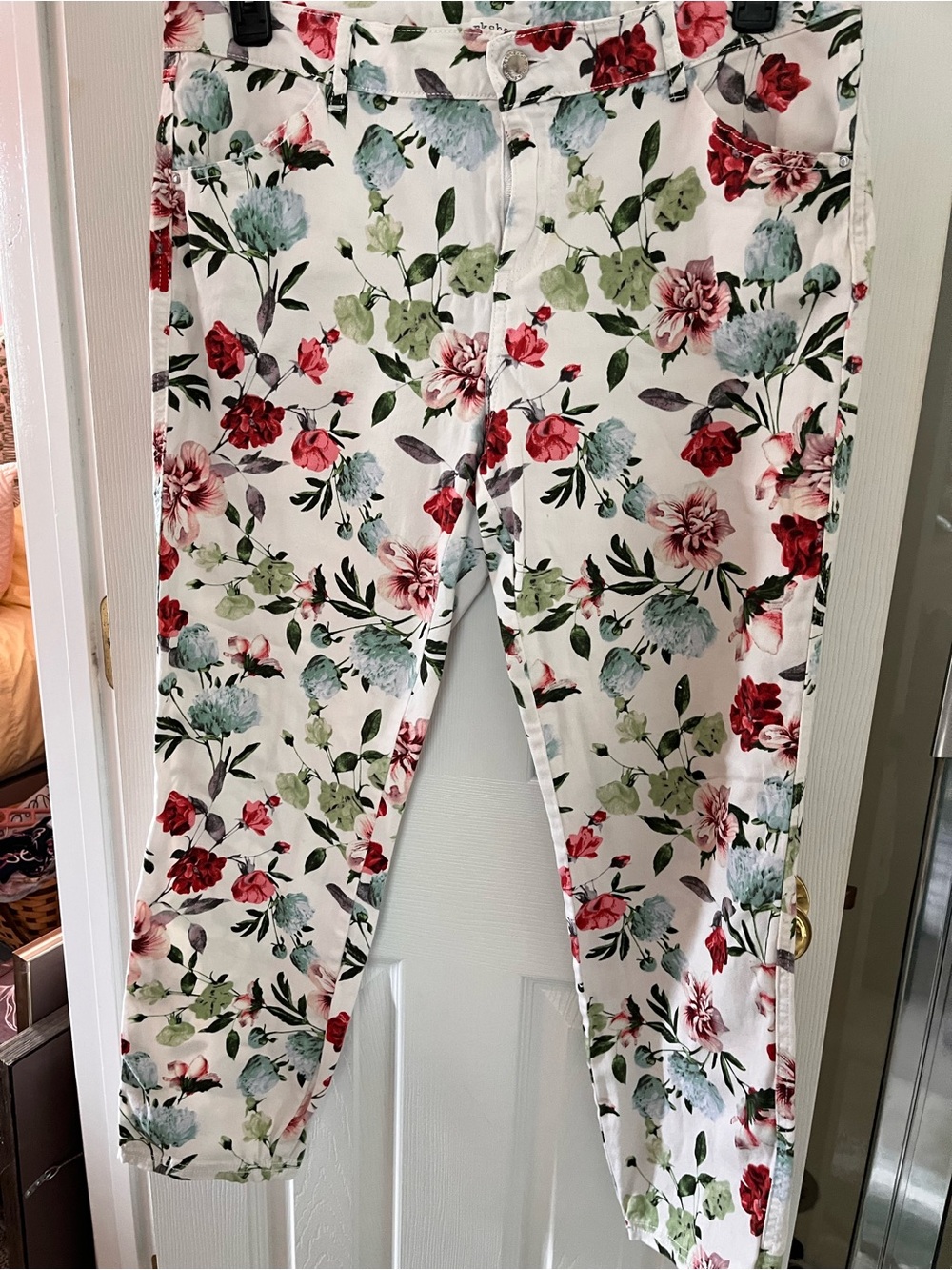Sz 14 Workshop Republic Clothing White Floral Button-Front Pants